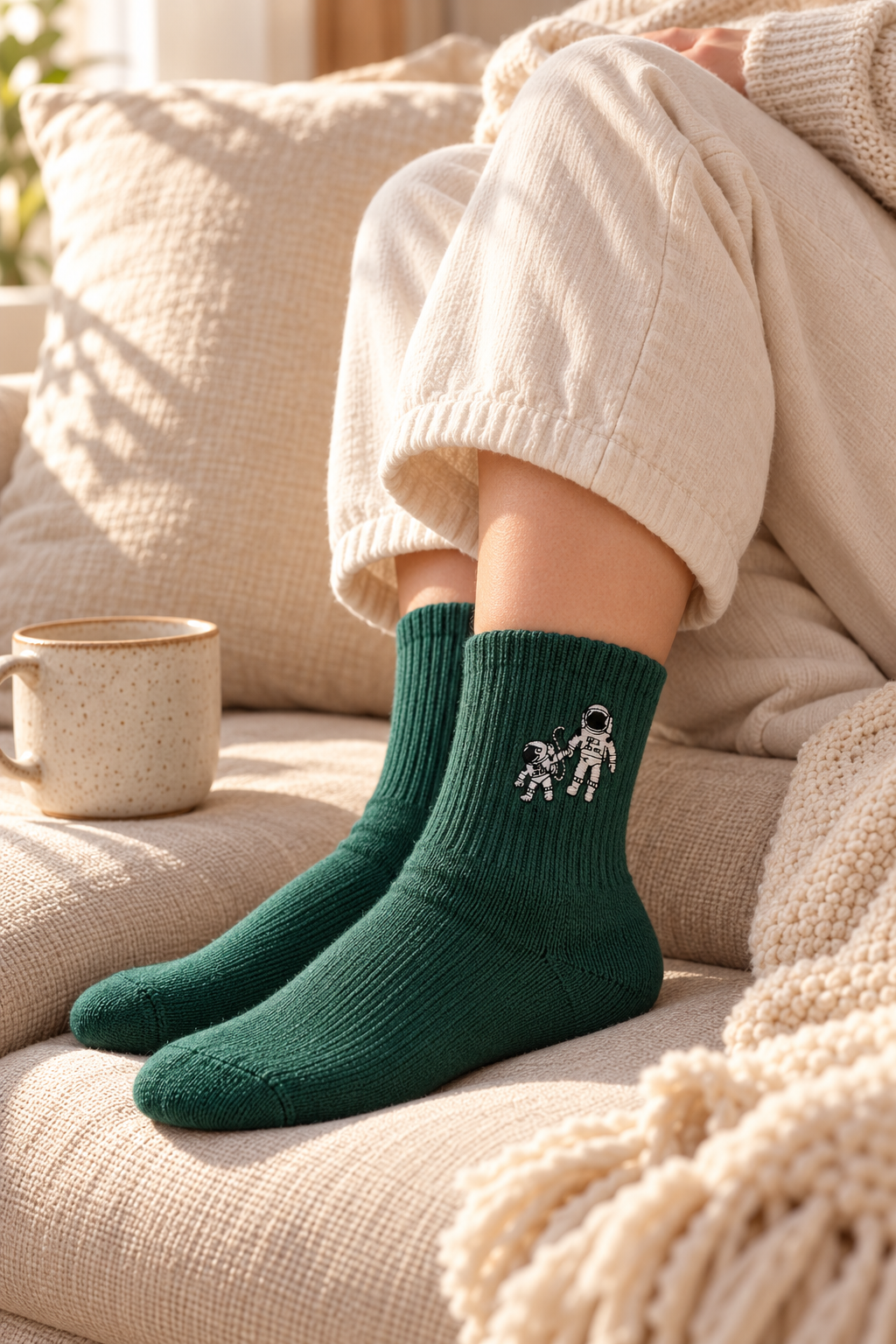 Small Steps Co. women's bamboo socks worn on the sofa on a slow morning