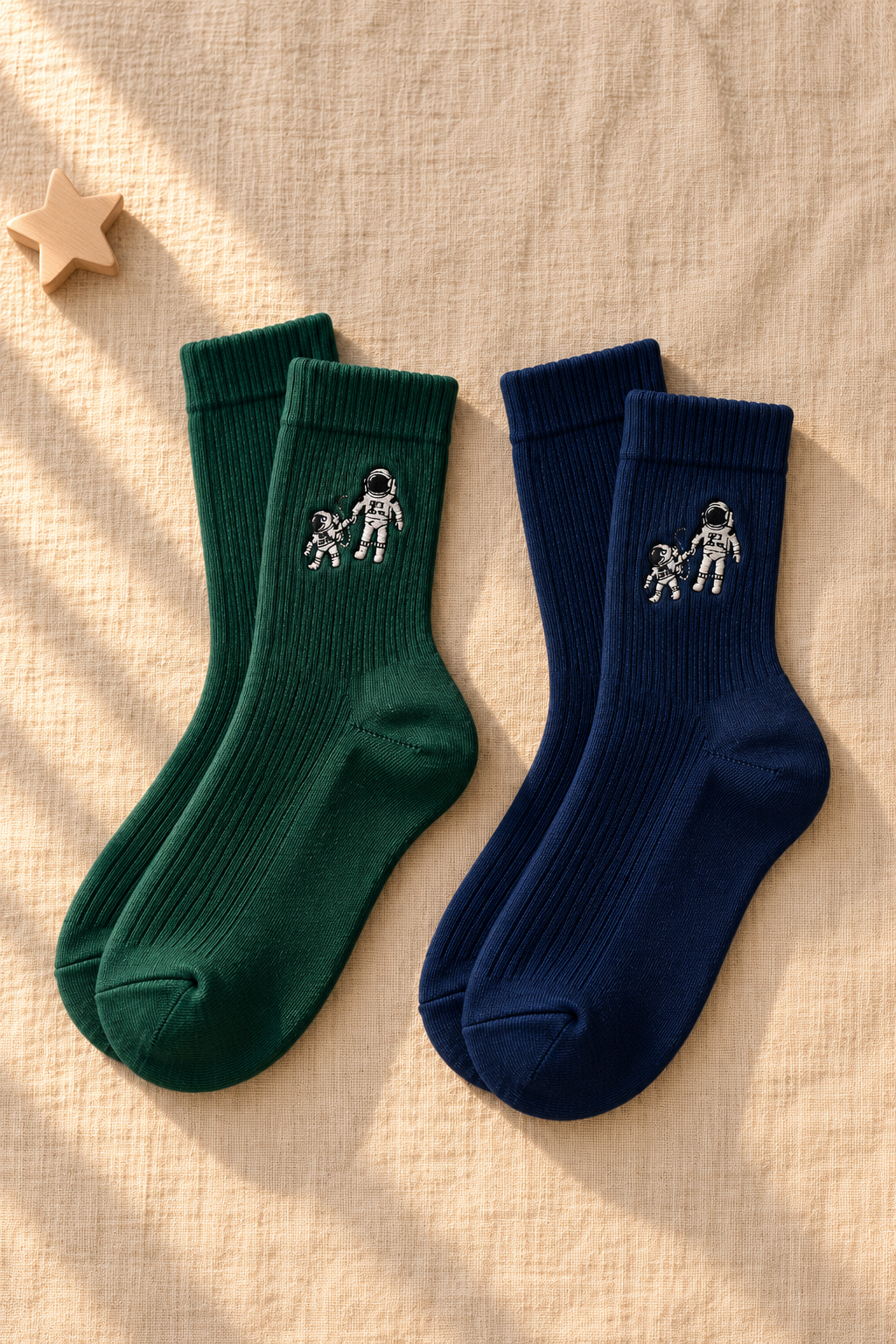 Small Steps Co. big kids bamboo crew socks in deep green and navy with astronaut emblem