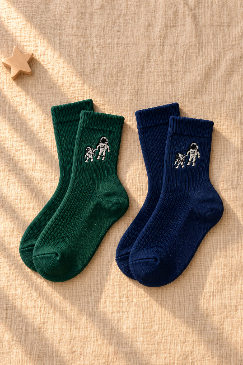 Small Steps Co. little kids bamboo crew socks with astronaut emblem, flat lay on linen