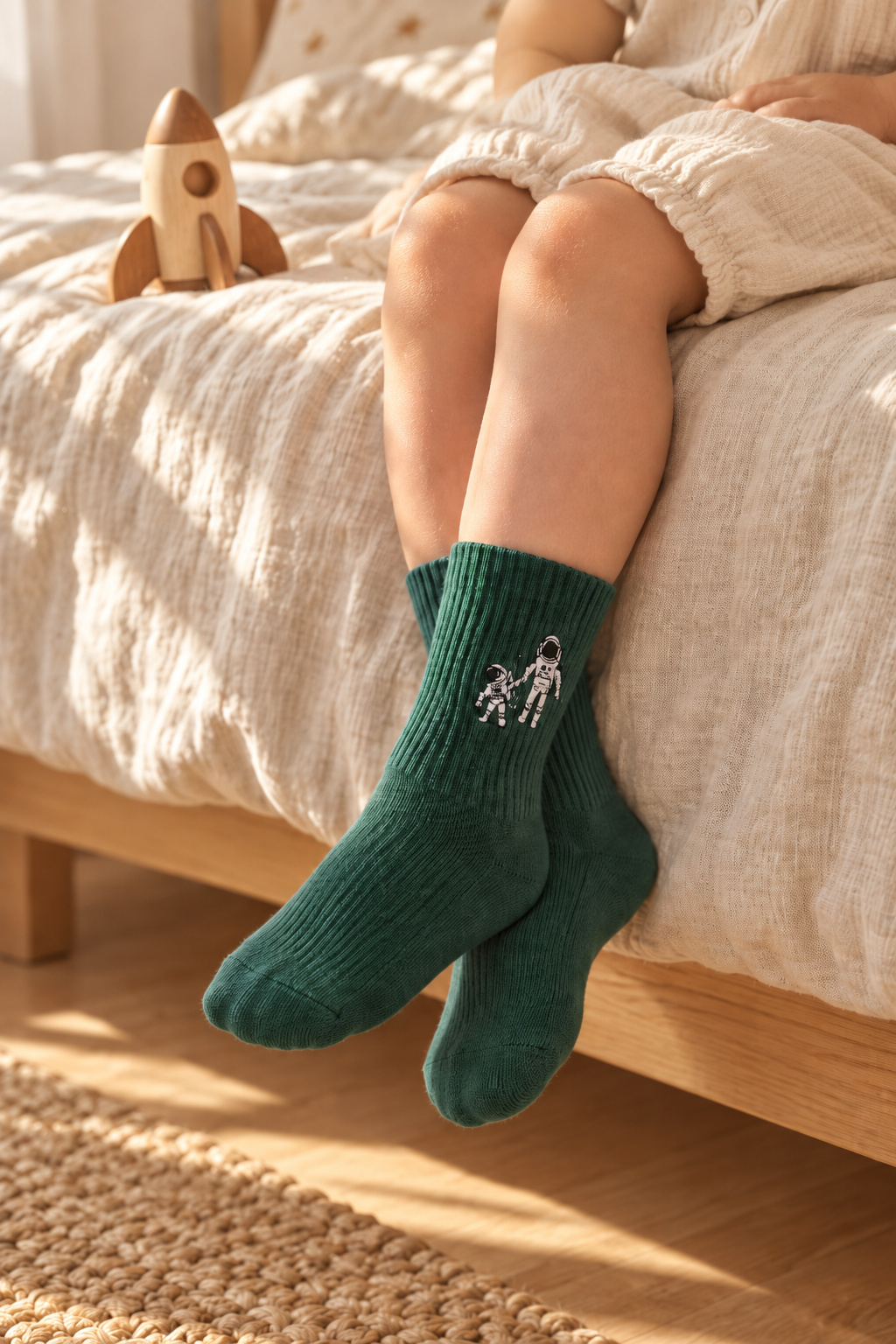 Small child in Small Steps Co. bamboo socks sitting on the edge of the bed