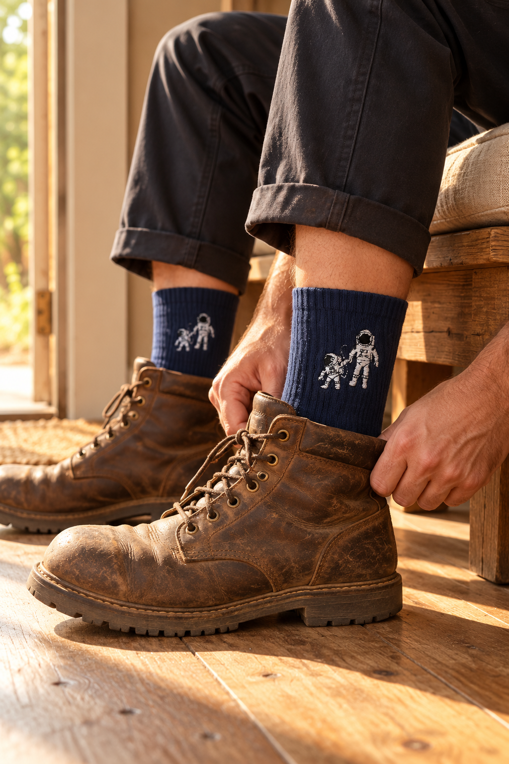 Small Steps Co. men's bamboo socks worn with leather work boots